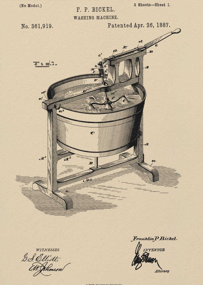 A framed vintage patent illustration for an F. P. Bickel washing machine, patented on April 26, 1887. The technical drawing, rendered in black ink on a beige background, shows a tub on a wooden stand with a hand-cranked mechanism. Artwork