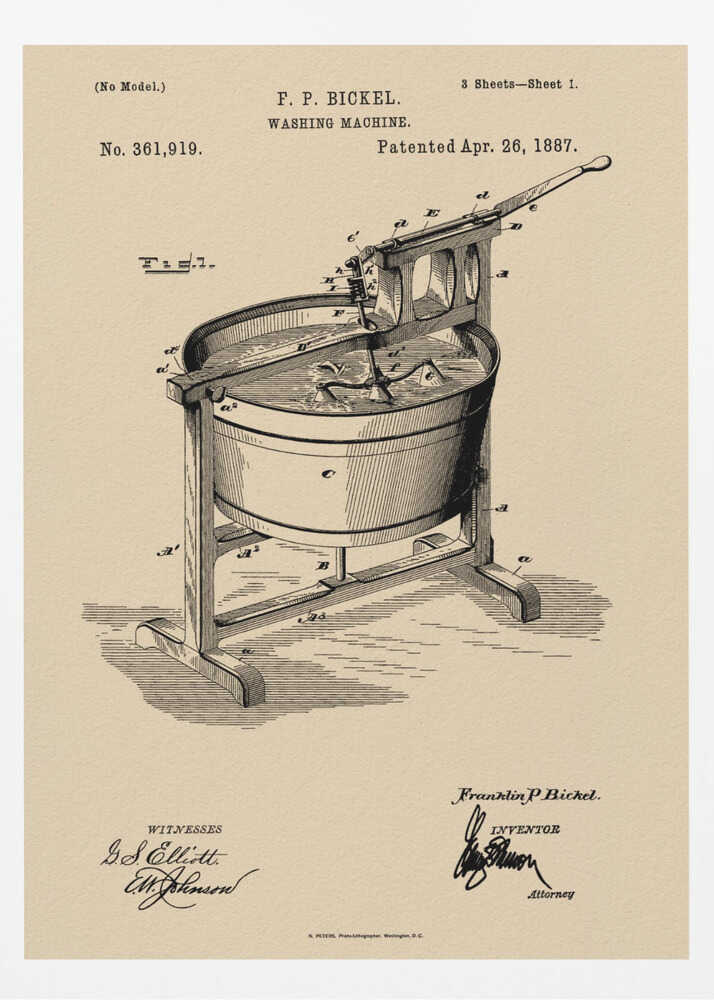 A framed vintage patent illustration for an F. P. Bickel washing machine, patented on April 26, 1887. The technical drawing, rendered in black ink on a beige background, shows a tub on a wooden stand with a hand-cranked mechanism. Artwork