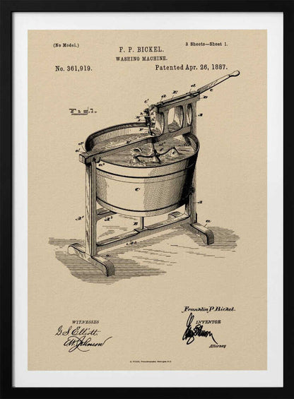 A framed vintage patent illustration for an F. P. Bickel washing machine, patented on April 26, 1887. The technical drawing, rendered in black ink on a beige background, shows a tub on a wooden stand with a hand-cranked mechanism. Artwork