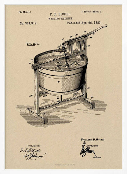 A framed vintage patent illustration for an F. P. Bickel washing machine, patented on April 26, 1887. The technical drawing, rendered in black ink on a beige background, shows a tub on a wooden stand with a hand-cranked mechanism. Artwork