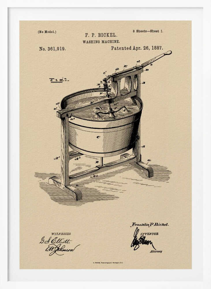 A framed vintage patent illustration for an F. P. Bickel washing machine, patented on April 26, 1887. The technical drawing, rendered in black ink on a beige background, shows a tub on a wooden stand with a hand-cranked mechanism. Artwork
