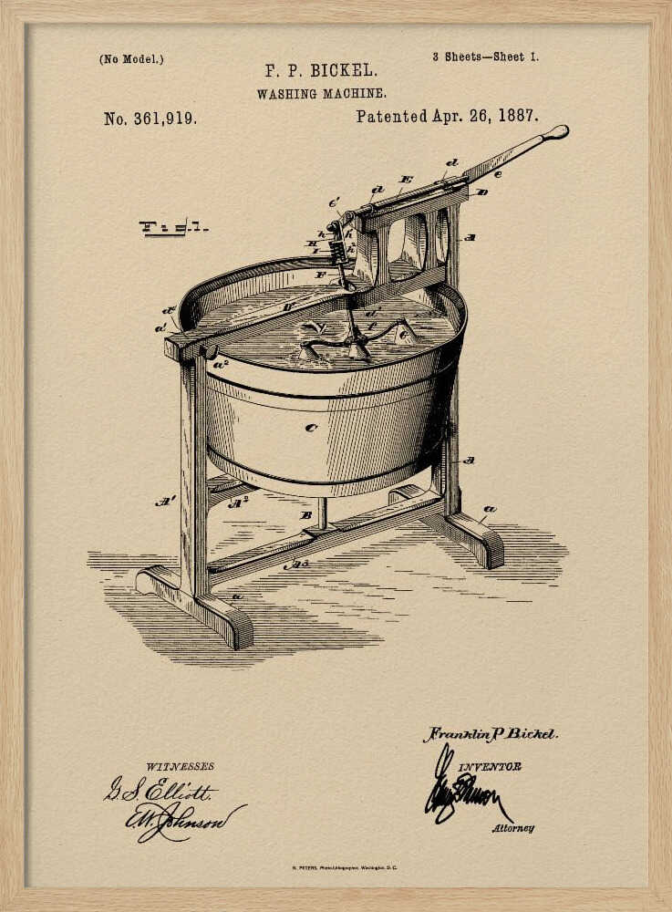 A framed vintage patent illustration for an F. P. Bickel washing machine, patented on April 26, 1887. The technical drawing, rendered in black ink on a beige background, shows a tub on a wooden stand with a hand-cranked mechanism. Artwork