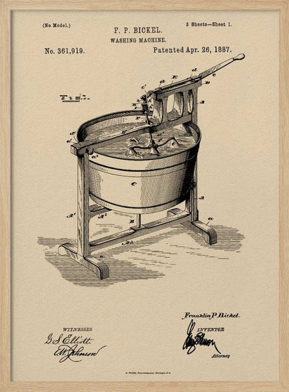 A framed vintage patent illustration for an F. P. Bickel washing machine, patented on April 26, 1887. The technical drawing, rendered in black ink on a beige background, shows a tub on a wooden stand with a hand-cranked mechanism. Artwork