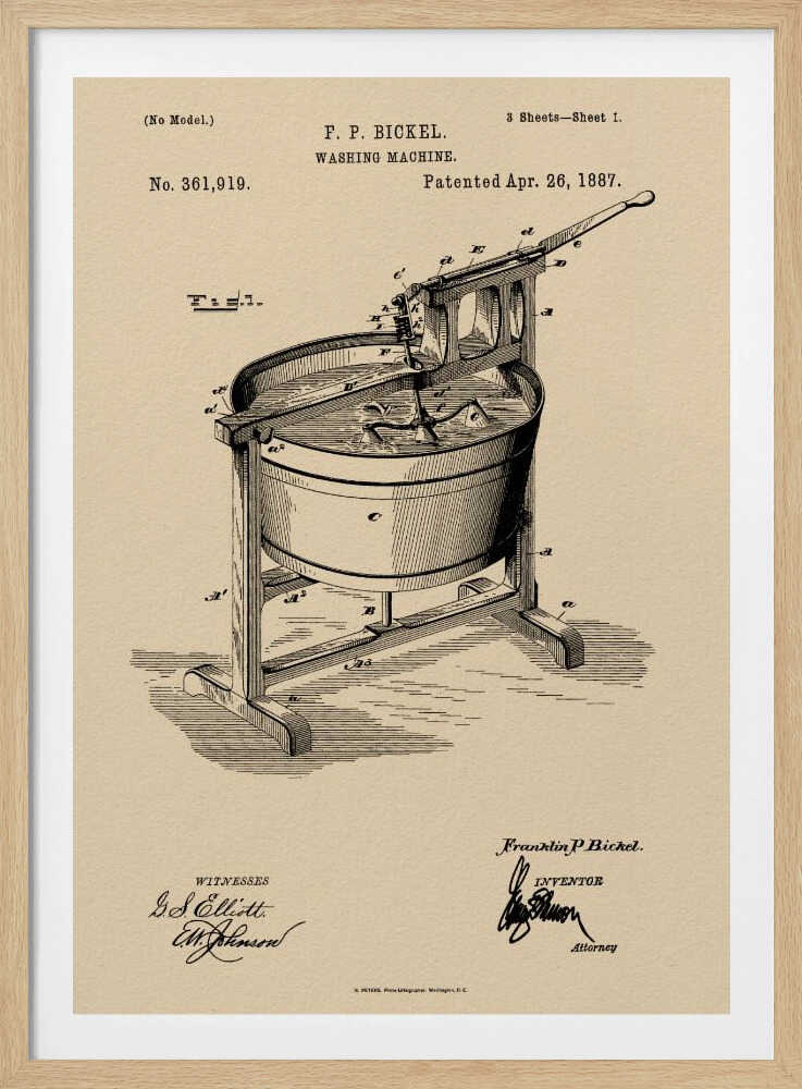 A framed vintage patent illustration for an F. P. Bickel washing machine, patented on April 26, 1887. The technical drawing, rendered in black ink on a beige background, shows a tub on a wooden stand with a hand-cranked mechanism. Artwork