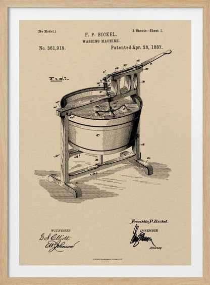 A framed vintage patent illustration for an F. P. Bickel washing machine, patented on April 26, 1887. The technical drawing, rendered in black ink on a beige background, shows a tub on a wooden stand with a hand-cranked mechanism. Artwork