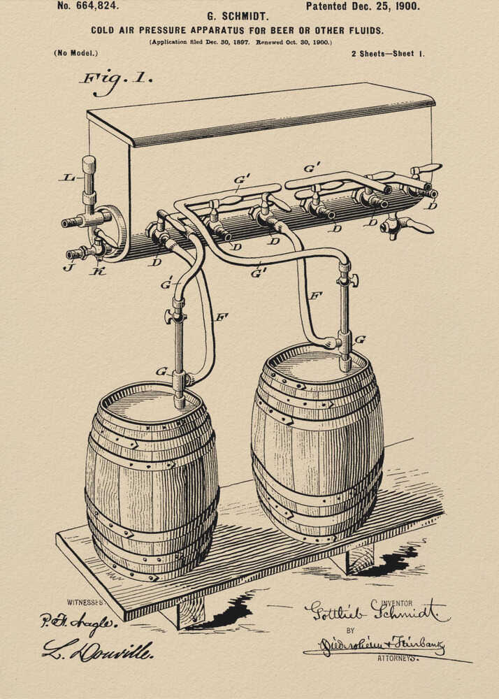 A framed vintage patent illustration from December 25, 1900, for a 'Cold Air Pressure Apparatus for Beer or Other Fluids.' The black ink drawing on beige paper details a system of pipes and valves connecting two wooden barrels to a dispenser, with official patent numbers and signatures below. Print