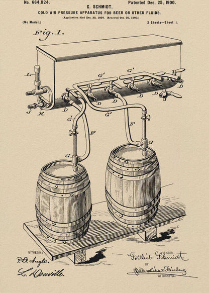 A framed vintage patent illustration from December 25, 1900, for a 'Cold Air Pressure Apparatus for Beer or Other Fluids.' The black ink drawing on beige paper details a system of pipes and valves connecting two wooden barrels to a dispenser, with official patent numbers and signatures below. Print