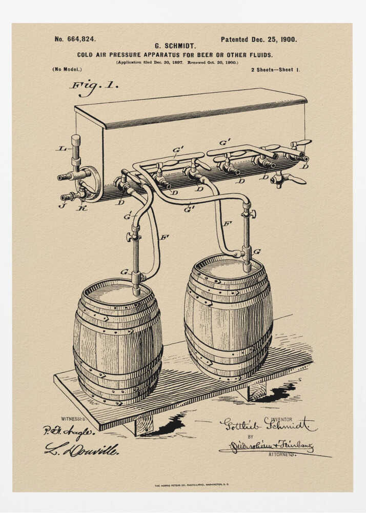 A framed vintage patent illustration from December 25, 1900, for a 'Cold Air Pressure Apparatus for Beer or Other Fluids.' The black ink drawing on beige paper details a system of pipes and valves connecting two wooden barrels to a dispenser, with official patent numbers and signatures below. Print