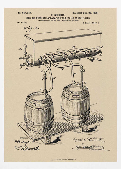 A framed vintage patent illustration from December 25, 1900, for a 'Cold Air Pressure Apparatus for Beer or Other Fluids.' The black ink drawing on beige paper details a system of pipes and valves connecting two wooden barrels to a dispenser, with official patent numbers and signatures below. Print