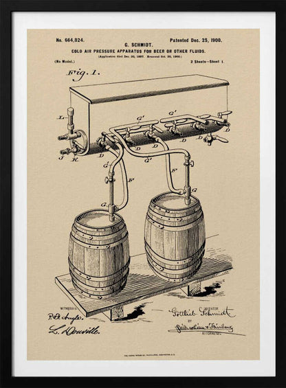 A framed vintage patent illustration from December 25, 1900, for a 'Cold Air Pressure Apparatus for Beer or Other Fluids.' The black ink drawing on beige paper details a system of pipes and valves connecting two wooden barrels to a dispenser, with official patent numbers and signatures below. Print