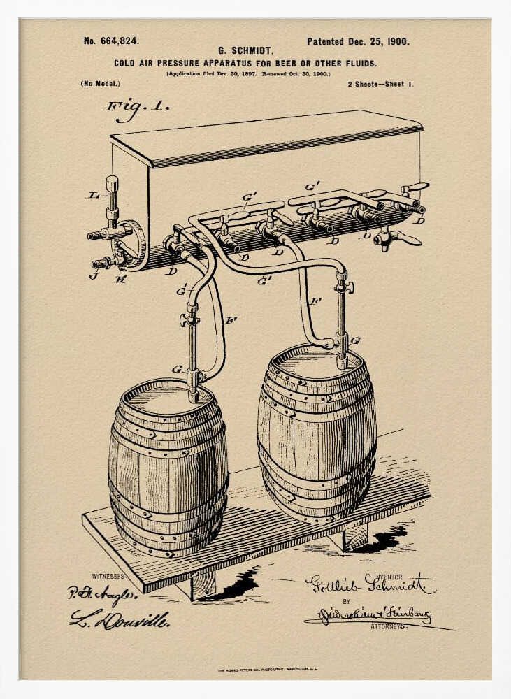 A framed vintage patent illustration from December 25, 1900, for a 'Cold Air Pressure Apparatus for Beer or Other Fluids.' The black ink drawing on beige paper details a system of pipes and valves connecting two wooden barrels to a dispenser, with official patent numbers and signatures below. Print