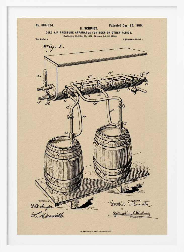 A framed vintage patent illustration from December 25, 1900, for a 'Cold Air Pressure Apparatus for Beer or Other Fluids.' The black ink drawing on beige paper details a system of pipes and valves connecting two wooden barrels to a dispenser, with official patent numbers and signatures below. Print