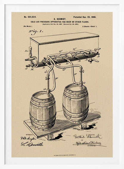 A framed vintage patent illustration from December 25, 1900, for a 'Cold Air Pressure Apparatus for Beer or Other Fluids.' The black ink drawing on beige paper details a system of pipes and valves connecting two wooden barrels to a dispenser, with official patent numbers and signatures below. Print