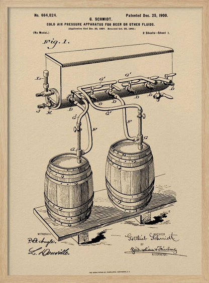A framed vintage patent illustration from December 25, 1900, for a 'Cold Air Pressure Apparatus for Beer or Other Fluids.' The black ink drawing on beige paper details a system of pipes and valves connecting two wooden barrels to a dispenser, with official patent numbers and signatures below. Print