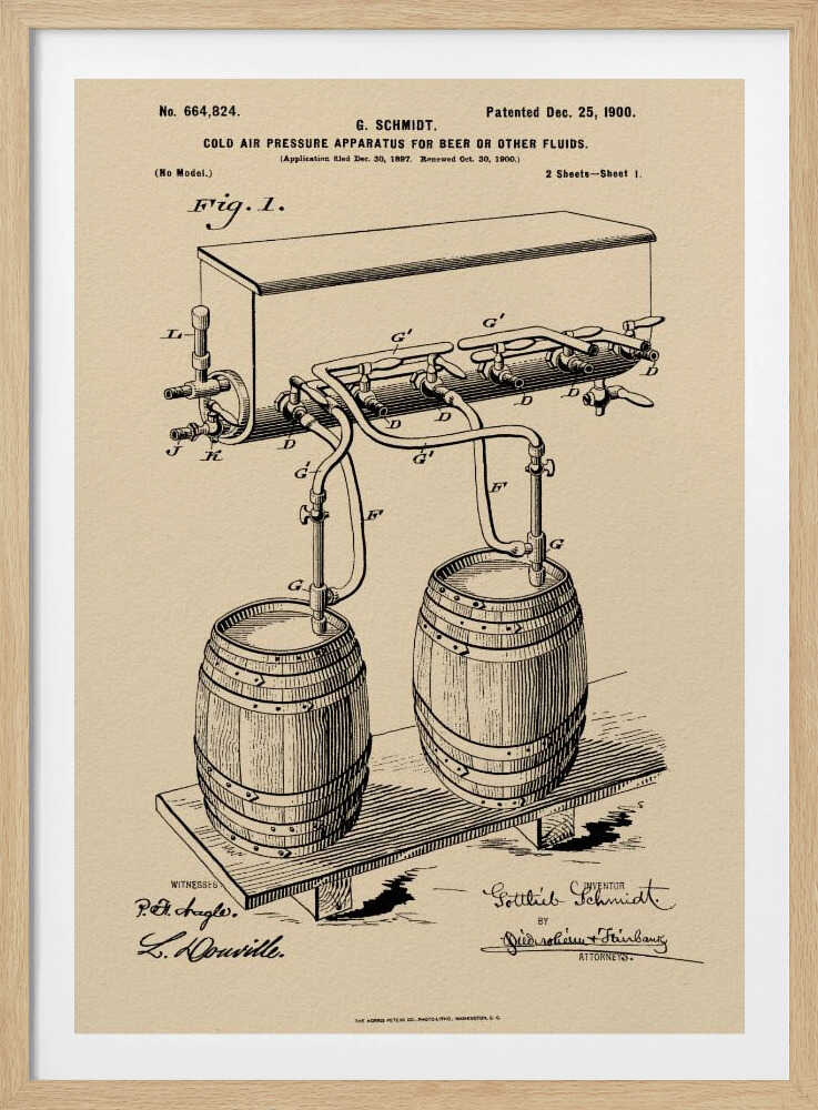 A framed vintage patent illustration from December 25, 1900, for a 'Cold Air Pressure Apparatus for Beer or Other Fluids.' The black ink drawing on beige paper details a system of pipes and valves connecting two wooden barrels to a dispenser, with official patent numbers and signatures below. Print