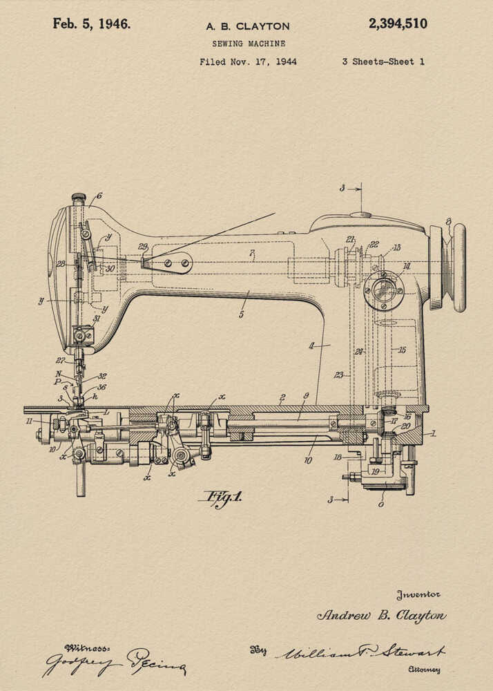 A framed vintage patent illustration for a sewing machine by A.B. Clayton, dated February 5, 1946. The detailed black line drawing is on a beige, parchment-style background and shows a side view of the machine with its internal mechanisms labeled with numbers. The entire piece is presented in a simple black frame. Artwork