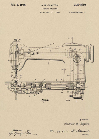 A framed vintage patent illustration for a sewing machine by A.B. Clayton, dated February 5, 1946. The detailed black line drawing is on a beige, parchment-style background and shows a side view of the machine with its internal mechanisms labeled with numbers. The entire piece is presented in a simple black frame. Artwork