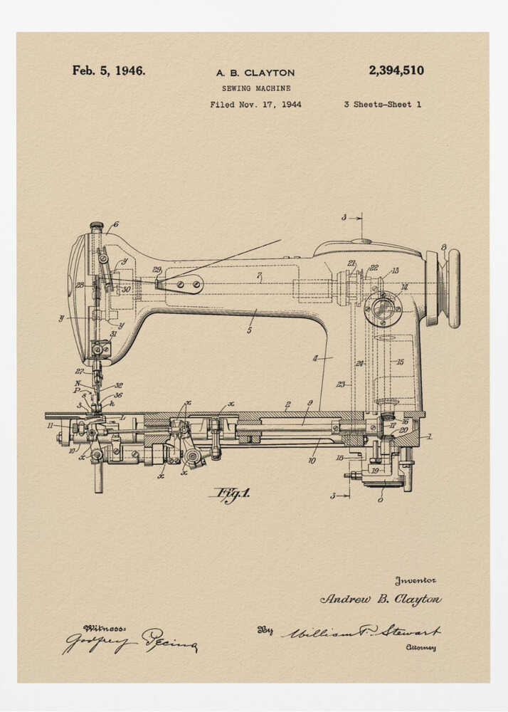 A framed vintage patent illustration for a sewing machine by A.B. Clayton, dated February 5, 1946. The detailed black line drawing is on a beige, parchment-style background and shows a side view of the machine with its internal mechanisms labeled with numbers. The entire piece is presented in a simple black frame. Artwork
