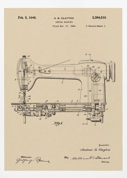 A framed vintage patent illustration for a sewing machine by A.B. Clayton, dated February 5, 1946. The detailed black line drawing is on a beige, parchment-style background and shows a side view of the machine with its internal mechanisms labeled with numbers. The entire piece is presented in a simple black frame. Artwork