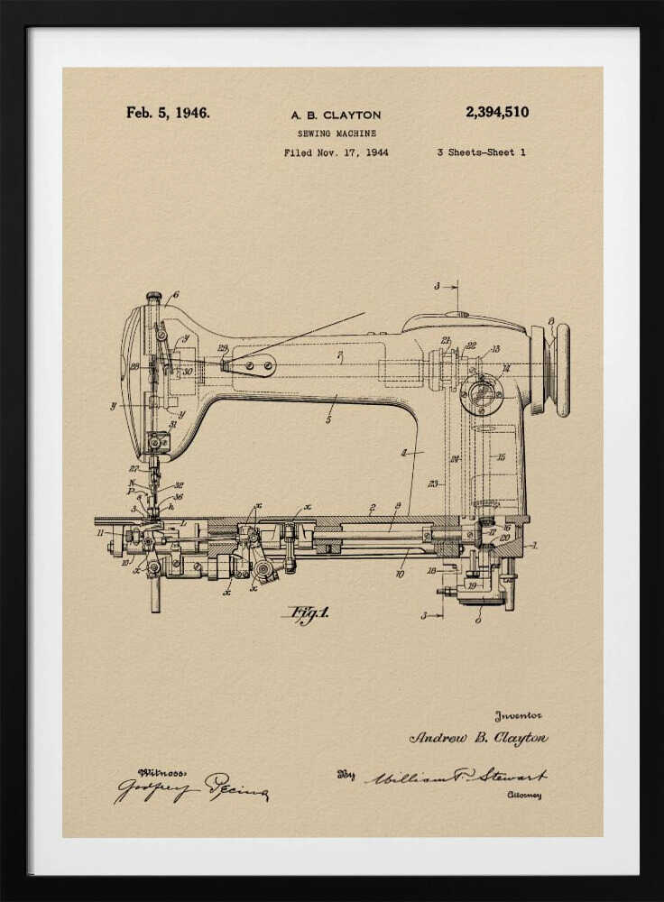 A framed vintage patent illustration for a sewing machine by A.B. Clayton, dated February 5, 1946. The detailed black line drawing is on a beige, parchment-style background and shows a side view of the machine with its internal mechanisms labeled with numbers. The entire piece is presented in a simple black frame. Artwork