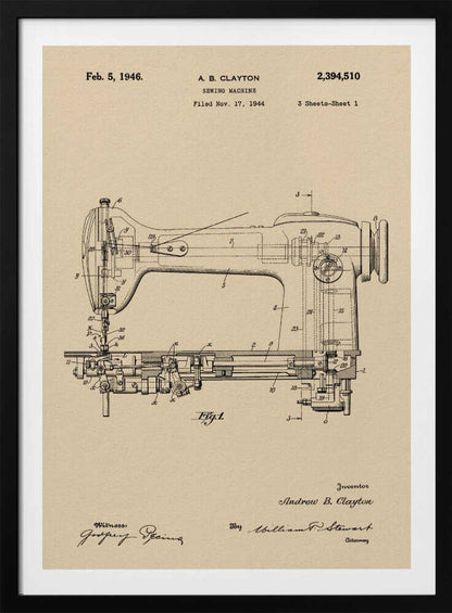 A framed vintage patent illustration for a sewing machine by A.B. Clayton, dated February 5, 1946. The detailed black line drawing is on a beige, parchment-style background and shows a side view of the machine with its internal mechanisms labeled with numbers. The entire piece is presented in a simple black frame. Artwork