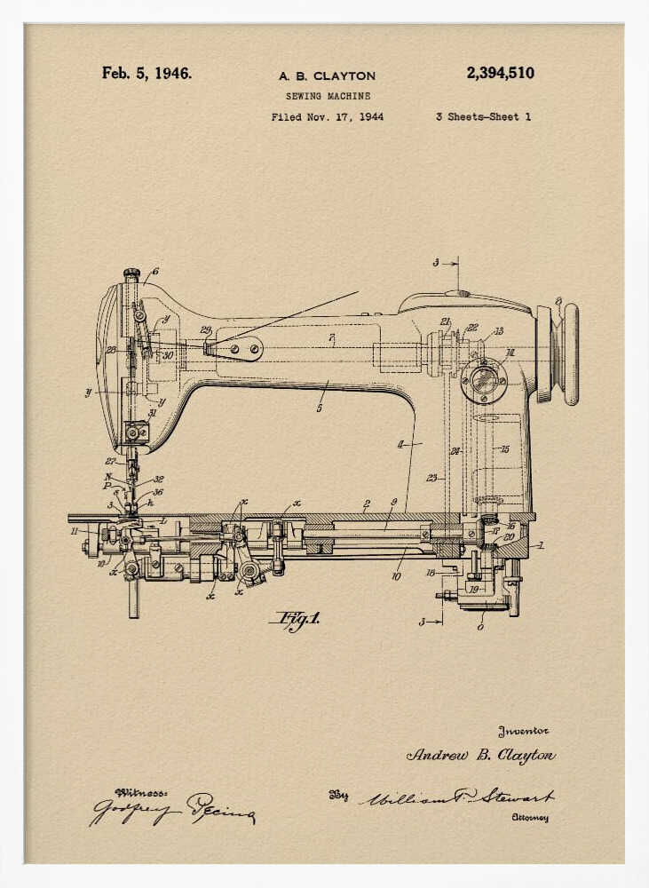 A framed vintage patent illustration for a sewing machine by A.B. Clayton, dated February 5, 1946. The detailed black line drawing is on a beige, parchment-style background and shows a side view of the machine with its internal mechanisms labeled with numbers. The entire piece is presented in a simple black frame. Artwork