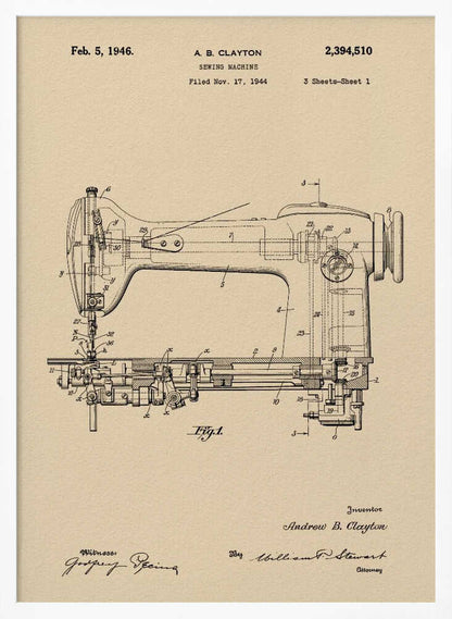 A framed vintage patent illustration for a sewing machine by A.B. Clayton, dated February 5, 1946. The detailed black line drawing is on a beige, parchment-style background and shows a side view of the machine with its internal mechanisms labeled with numbers. The entire piece is presented in a simple black frame. Artwork
