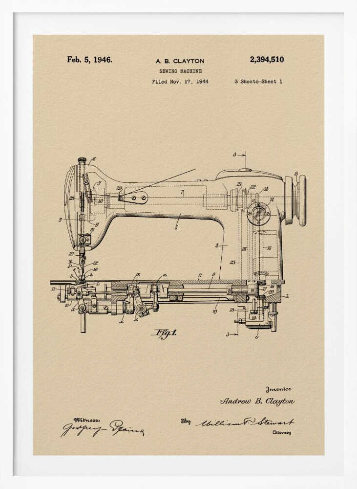 A framed vintage patent illustration for a sewing machine by A.B. Clayton, dated February 5, 1946. The detailed black line drawing is on a beige, parchment-style background and shows a side view of the machine with its internal mechanisms labeled with numbers. The entire piece is presented in a simple black frame. Artwork