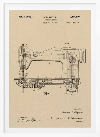 A framed vintage patent illustration for a sewing machine by A.B. Clayton, dated February 5, 1946. The detailed black line drawing is on a beige, parchment-style background and shows a side view of the machine with its internal mechanisms labeled with numbers. The entire piece is presented in a simple black frame. Artwork