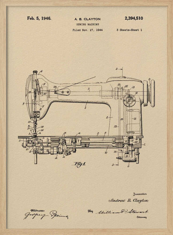 A framed vintage patent illustration for a sewing machine by A.B. Clayton, dated February 5, 1946. The detailed black line drawing is on a beige, parchment-style background and shows a side view of the machine with its internal mechanisms labeled with numbers. The entire piece is presented in a simple black frame. Artwork