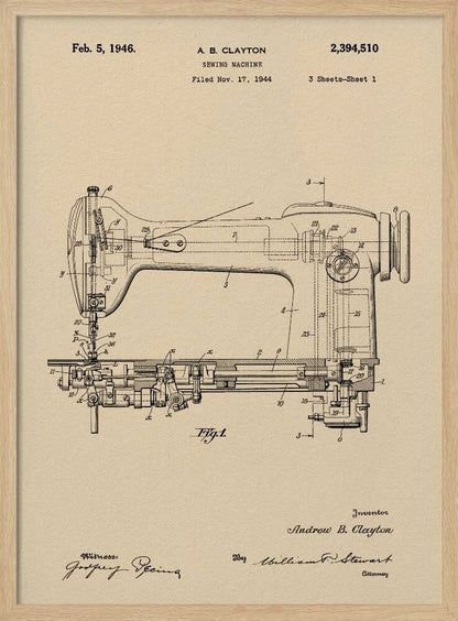A framed vintage patent illustration for a sewing machine by A.B. Clayton, dated February 5, 1946. The detailed black line drawing is on a beige, parchment-style background and shows a side view of the machine with its internal mechanisms labeled with numbers. The entire piece is presented in a simple black frame. Artwork