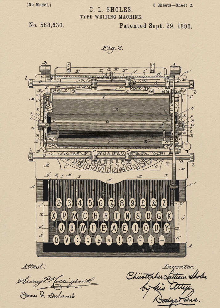 A framed vintage patent illustration for a C.L. Sholes typewriter, dated September 29, 1896. The detailed black ink drawing is on a beige background and shows a front view of the machine's complex mechanics and keyboard, with signatures of the inventor and attestants below. Print
