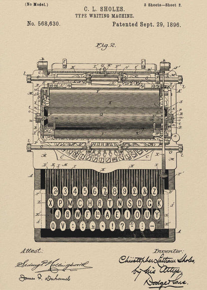 A framed vintage patent illustration for a C.L. Sholes typewriter, dated September 29, 1896. The detailed black ink drawing is on a beige background and shows a front view of the machine's complex mechanics and keyboard, with signatures of the inventor and attestants below. Print