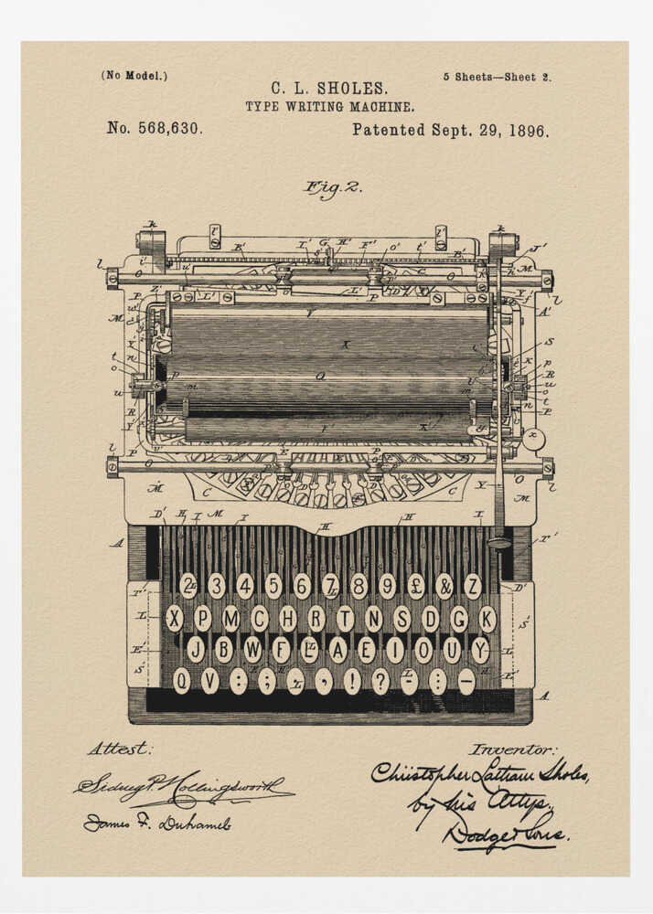 A framed vintage patent illustration for a C.L. Sholes typewriter, dated September 29, 1896. The detailed black ink drawing is on a beige background and shows a front view of the machine's complex mechanics and keyboard, with signatures of the inventor and attestants below. Print
