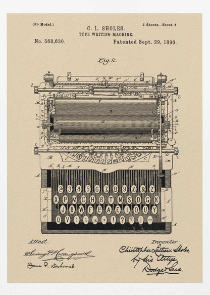 A framed vintage patent illustration for a C.L. Sholes typewriter, dated September 29, 1896. The detailed black ink drawing is on a beige background and shows a front view of the machine's complex mechanics and keyboard, with signatures of the inventor and attestants below. Print