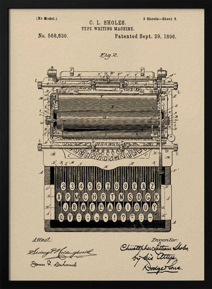 A framed vintage patent illustration for a C.L. Sholes typewriter, dated September 29, 1896. The detailed black ink drawing is on a beige background and shows a front view of the machine's complex mechanics and keyboard, with signatures of the inventor and attestants below. Print