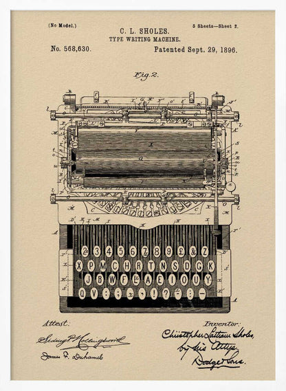 A framed vintage patent illustration for a C.L. Sholes typewriter, dated September 29, 1896. The detailed black ink drawing is on a beige background and shows a front view of the machine's complex mechanics and keyboard, with signatures of the inventor and attestants below. Print