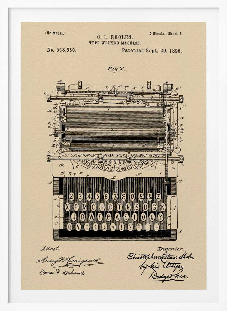 A framed vintage patent illustration for a C.L. Sholes typewriter, dated September 29, 1896. The detailed black ink drawing is on a beige background and shows a front view of the machine's complex mechanics and keyboard, with signatures of the inventor and attestants below. Print
