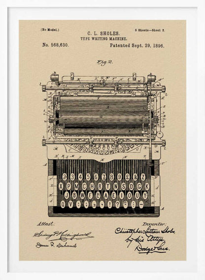 A framed vintage patent illustration for a C.L. Sholes typewriter, dated September 29, 1896. The detailed black ink drawing is on a beige background and shows a front view of the machine's complex mechanics and keyboard, with signatures of the inventor and attestants below. Print