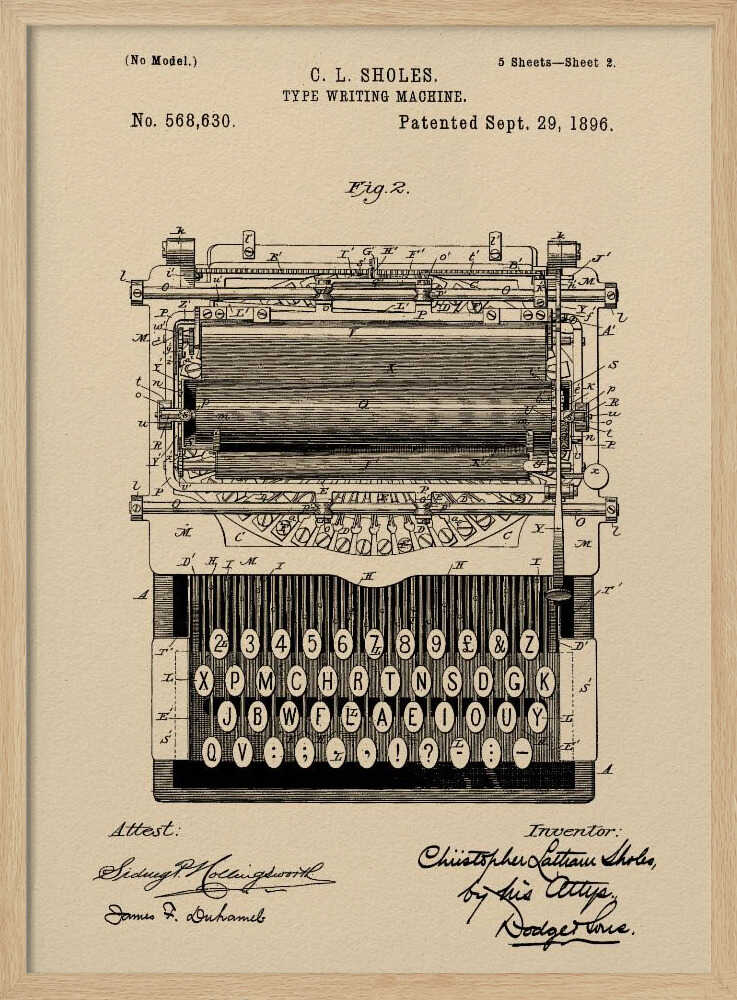 A framed vintage patent illustration for a C.L. Sholes typewriter, dated September 29, 1896. The detailed black ink drawing is on a beige background and shows a front view of the machine's complex mechanics and keyboard, with signatures of the inventor and attestants below. Print