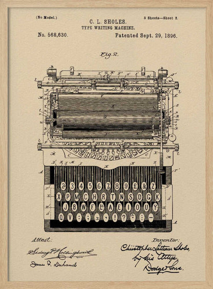 A framed vintage patent illustration for a C.L. Sholes typewriter, dated September 29, 1896. The detailed black ink drawing is on a beige background and shows a front view of the machine's complex mechanics and keyboard, with signatures of the inventor and attestants below. Print