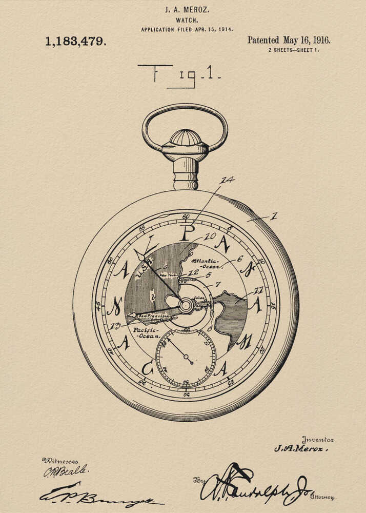 A framed vintage patent illustration for a watch by J.A. Meroz, dated 1916. The technical drawing showcases a pocket watch with a world map on its face, set against a beige, parchment-like background with a black frame. Poster