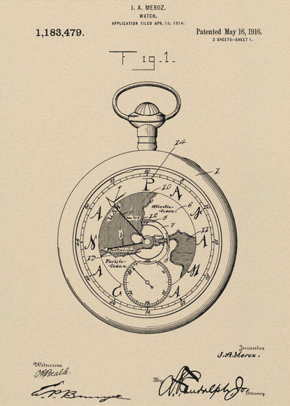 A framed vintage patent illustration for a watch by J.A. Meroz, dated 1916. The technical drawing showcases a pocket watch with a world map on its face, set against a beige, parchment-like background with a black frame. Poster
