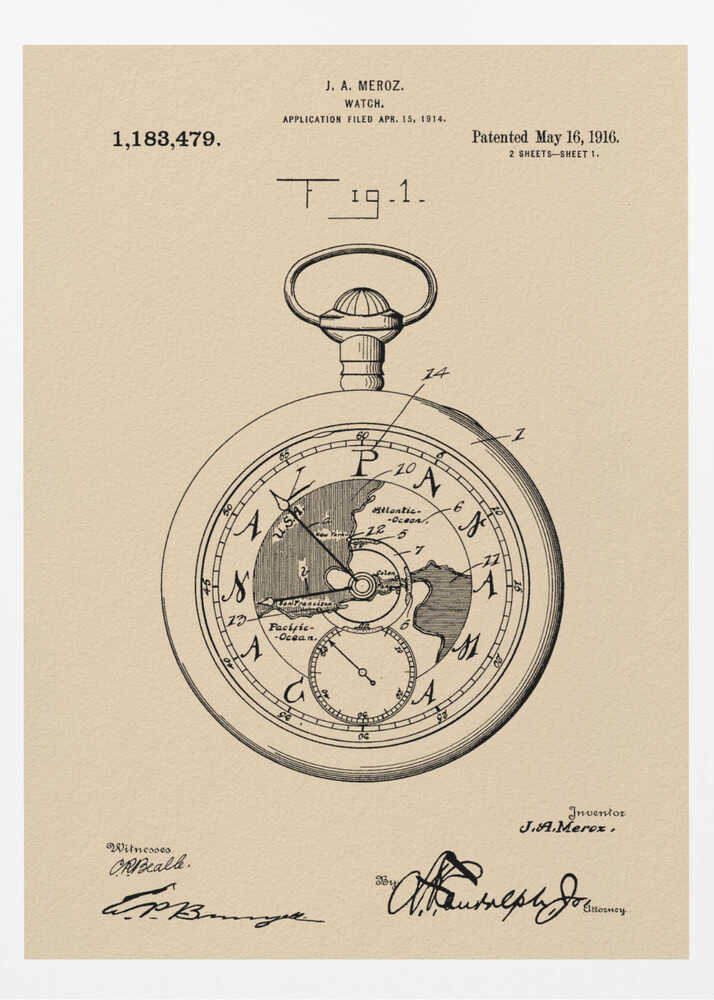 A framed vintage patent illustration for a watch by J.A. Meroz, dated 1916. The technical drawing showcases a pocket watch with a world map on its face, set against a beige, parchment-like background with a black frame. Poster