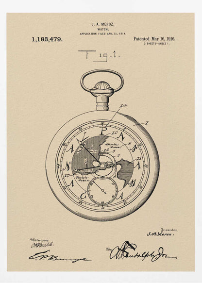 A framed vintage patent illustration for a watch by J.A. Meroz, dated 1916. The technical drawing showcases a pocket watch with a world map on its face, set against a beige, parchment-like background with a black frame. Poster