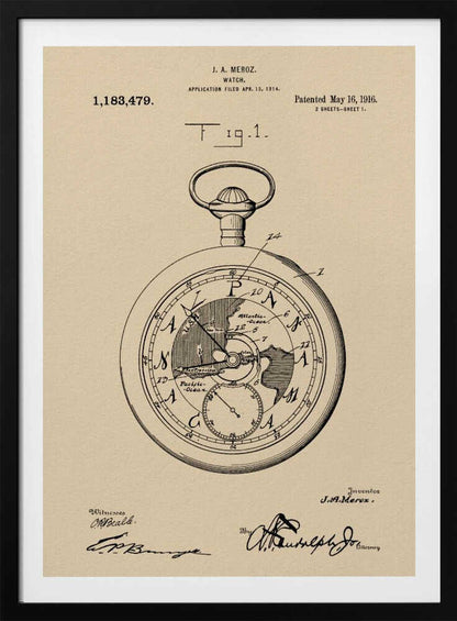 A framed vintage patent illustration for a watch by J.A. Meroz, dated 1916. The technical drawing showcases a pocket watch with a world map on its face, set against a beige, parchment-like background with a black frame. Poster