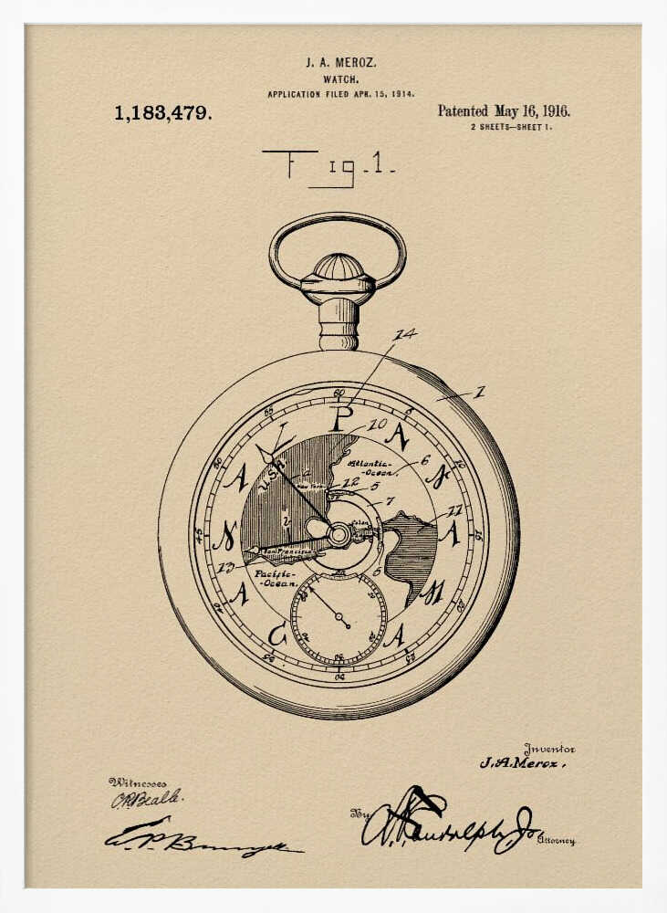A framed vintage patent illustration for a watch by J.A. Meroz, dated 1916. The technical drawing showcases a pocket watch with a world map on its face, set against a beige, parchment-like background with a black frame. Poster