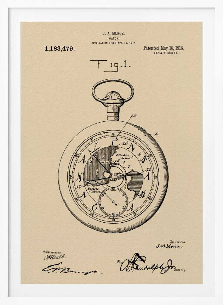 A framed vintage patent illustration for a watch by J.A. Meroz, dated 1916. The technical drawing showcases a pocket watch with a world map on its face, set against a beige, parchment-like background with a black frame. Poster