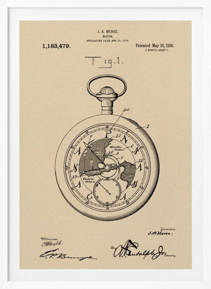 A framed vintage patent illustration for a watch by J.A. Meroz, dated 1916. The technical drawing showcases a pocket watch with a world map on its face, set against a beige, parchment-like background with a black frame. Poster