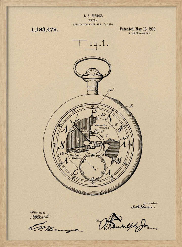 A framed vintage patent illustration for a watch by J.A. Meroz, dated 1916. The technical drawing showcases a pocket watch with a world map on its face, set against a beige, parchment-like background with a black frame. Poster
